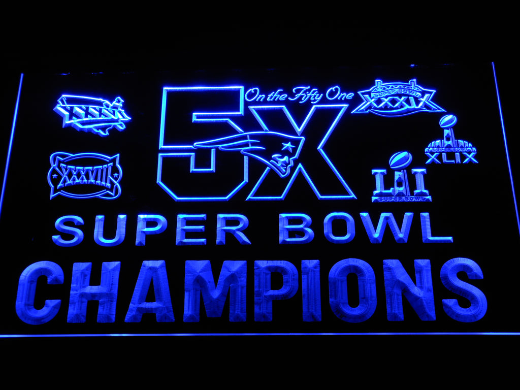 New England Patriots 5X Superbowl Champions (2) LED Sign - Blue - TheLedHeroes