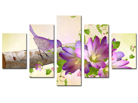 Beautiful Bird And Purple Flower 5 Pcs Wall Canvas -  - TheLedHeroes