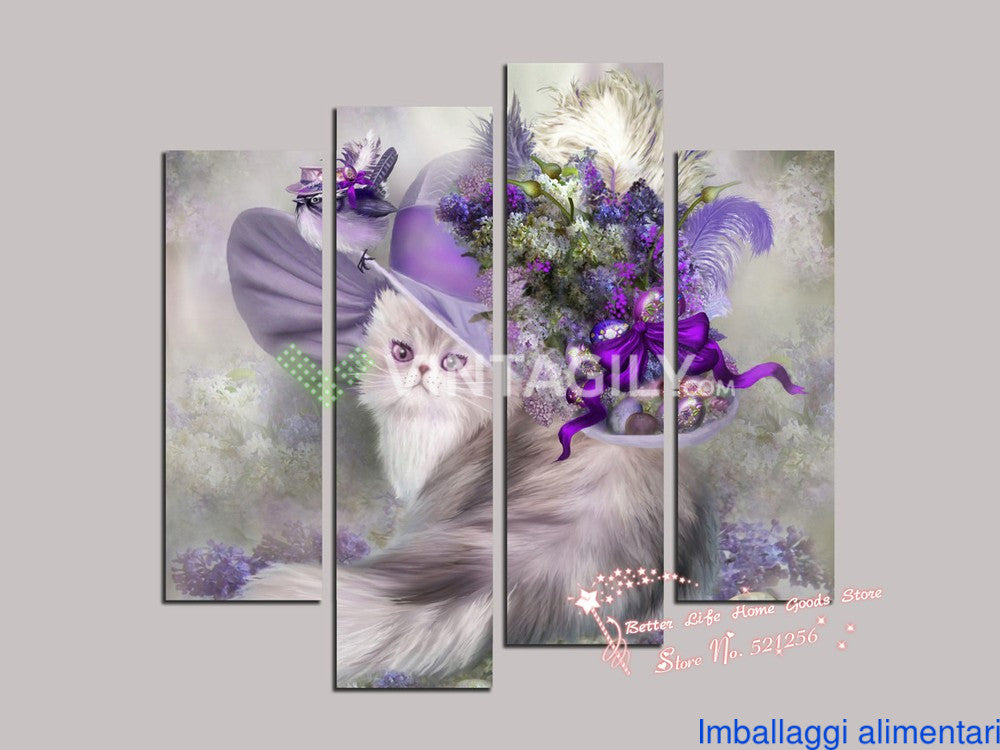Beautiful Cat Purple Hats 4 Pcs Wall Canvas -  - TheLedHeroes