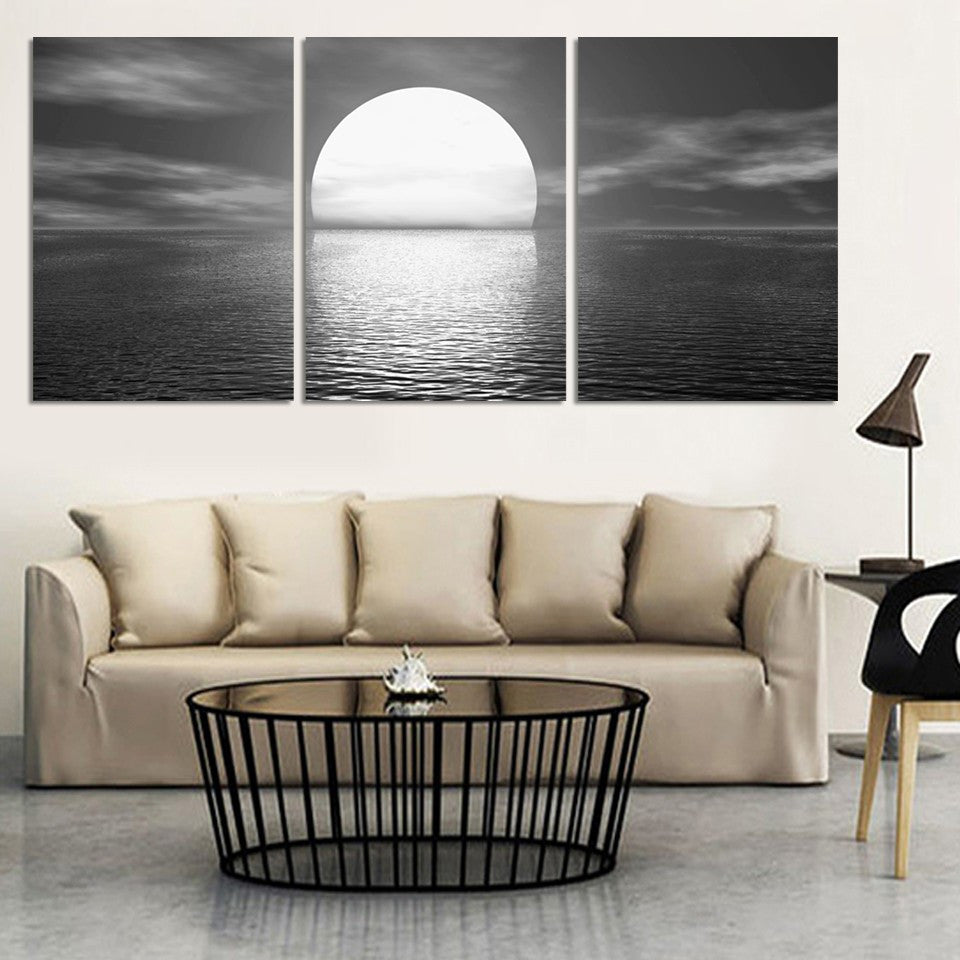 Sea full moon night 3 Pcs Wall Canvas -  - TheLedHeroes