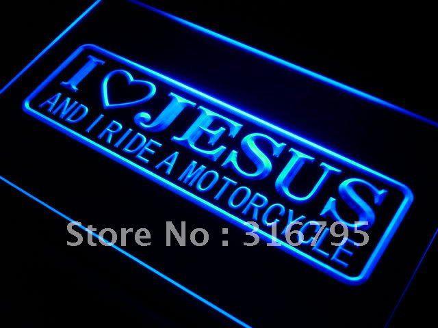 I Love Jesus and I Ride Motorcycle LED Neon Sign USB - Blue - TheLedHeroes